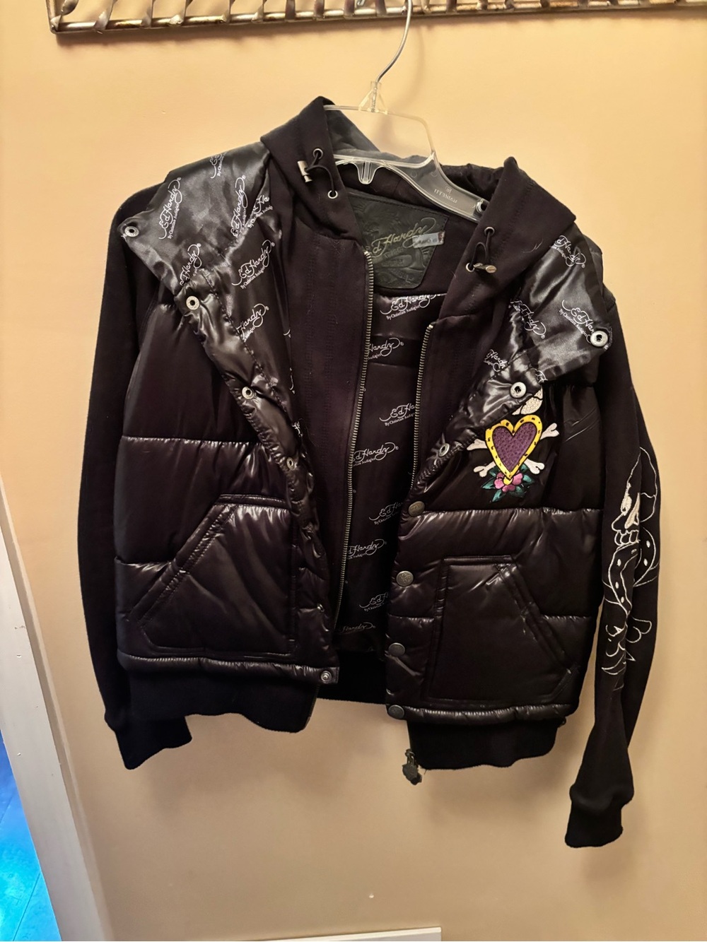 Ed hardy Black Quilted Hoodie Jacket with Heart Patch
